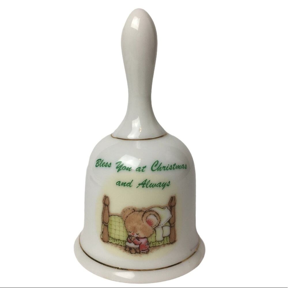 VTG Russ Berrie Porcelain Christmas Bell Praying Mouse Bless You Figurine 80s